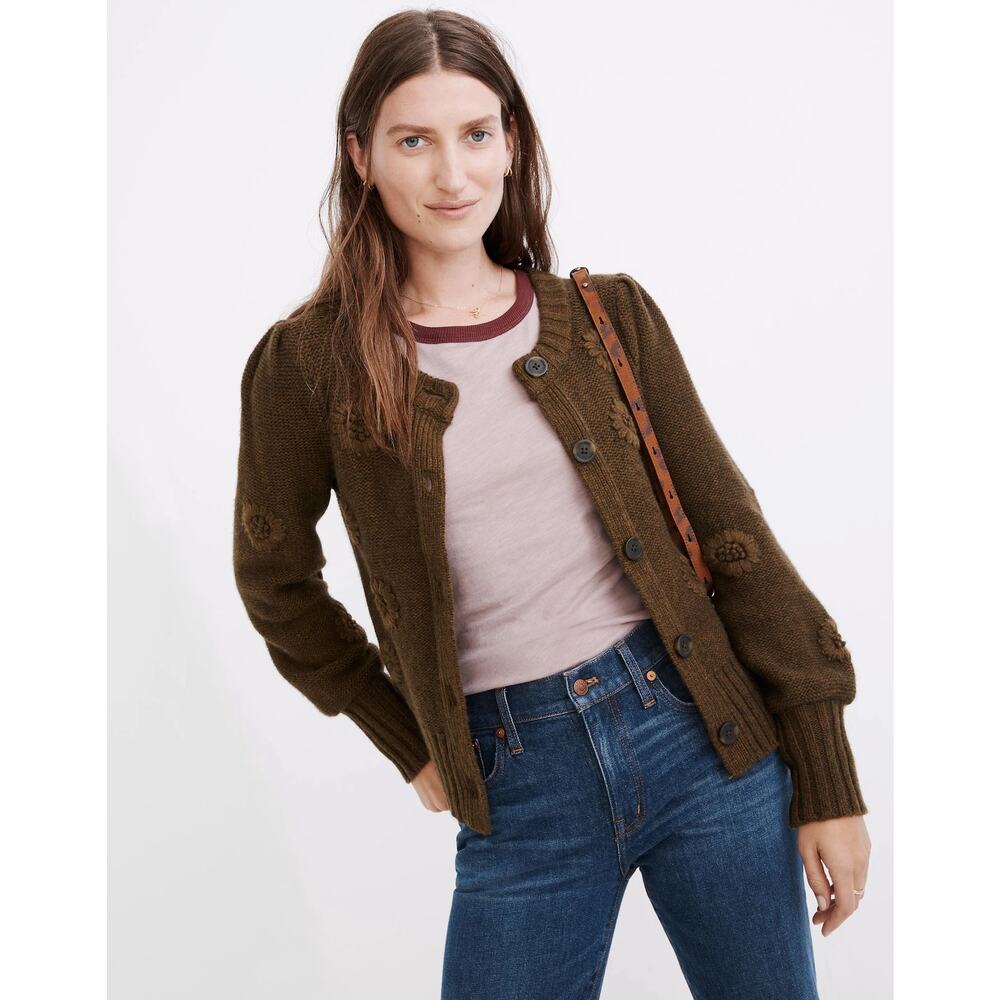 Madewell Embroidered‎ Edencroft Pleat-Sleeve Cardigan Sweater Heather Spinach XS